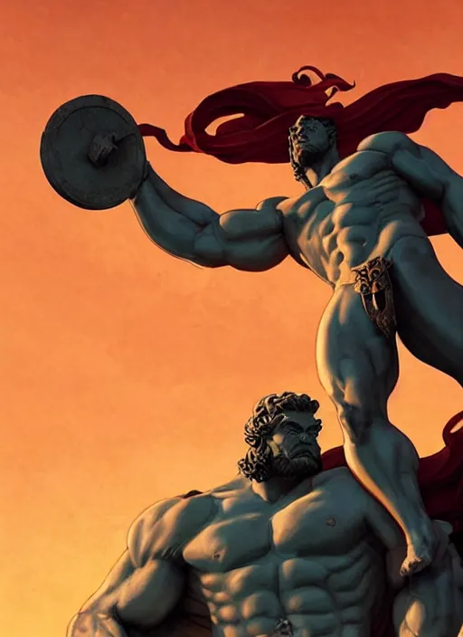 Prompt: a giant statue of hercules standing in a roman city, glorious, epic scene, in the style of artgerm, gerald brom, atey ghailan and mike mignola, vibrant colors and hard shadows and strong rim light, plain background, comic cover art, trending on artstation