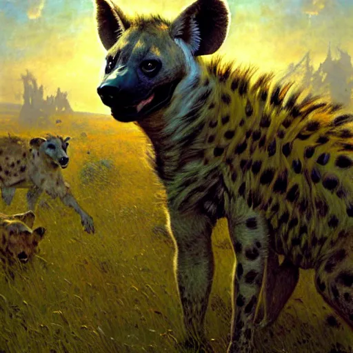 Prompt: portrait of a male hyena wearing a kilt in a grassy field. shadowrun furaffiniy cyberpunk fantasy highly detailed painting by gaston bussiere craig mullins jc leyendecker gustav klimt artgerm greg rutkowski john berkey, bergey, craig mullins, ruan jia, raymond swanland, jeremy mann, tom lovell, alex malveda