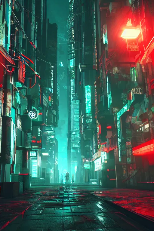 Prompt: City of Horror, glowing red-green fluorescence, cyberpunk, shawl streets, virtual engine, HD, high detail