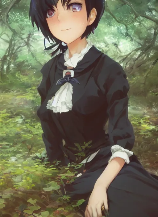 Image similar to a close up of a victorian maid with black bob hairstyle sitting in a forest. cute anime eyes. by makoto shinkai, stanley artgerm lau, wlop, rossdraws, james jean, andrei riabovitchev, marc simonetti, krenz cushart, sakimichan, trending on artstation, digital art.