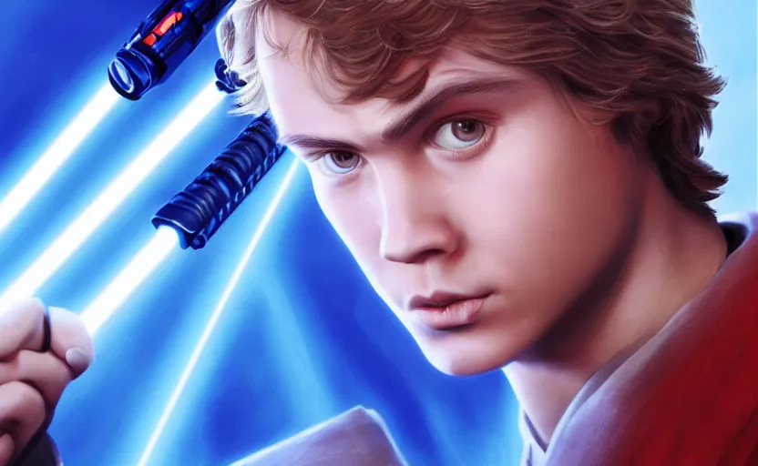 Image similar to a portrait of anakin skywalker looking firmly into the camera, wielding a blue lightsaber, detailed, cinematic, raytracing, realistic, detailed, cinematic, raytracing, realistic