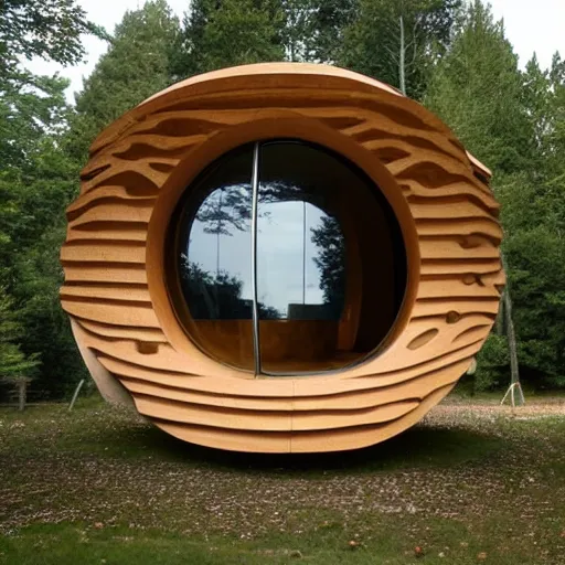 Prompt: a spaceship designed by eero saarinen, wood texture, trees visible through round windows