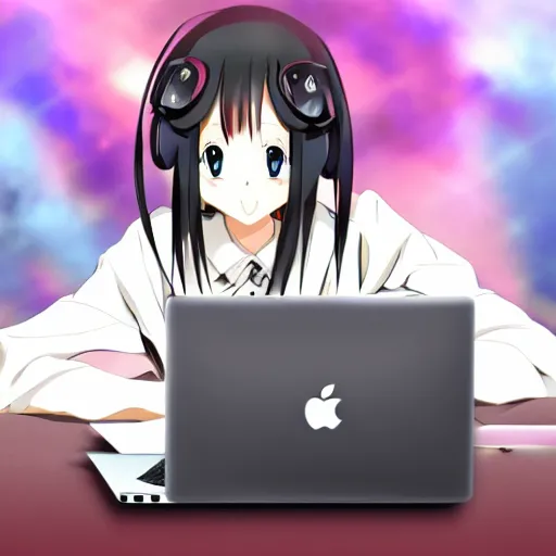 Image similar to anime girl with macbook pro, anime style, beautiful, sharp focus, extremely detailed