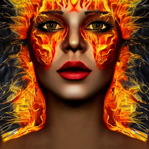 Image similar to artistic drawing of beautiful female face, made entirely from painted flames, made entirely from painted flames, made entirely from painted flames, made entirely from painted flames, made entirely from painted flames, trending on Artstation