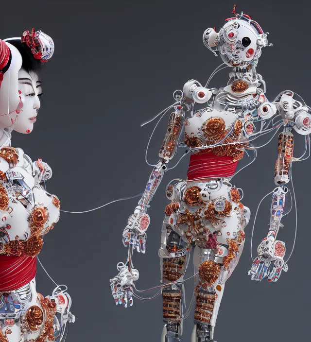 Prompt: full body portrait of a beautiful japanese robotic geisha with wires and actuators and kanji tattoos and decals, dramatic lighting, hyper - realistic, ultra - realistic, intricate details, japanese model, 8 k ultra high definition, octane render