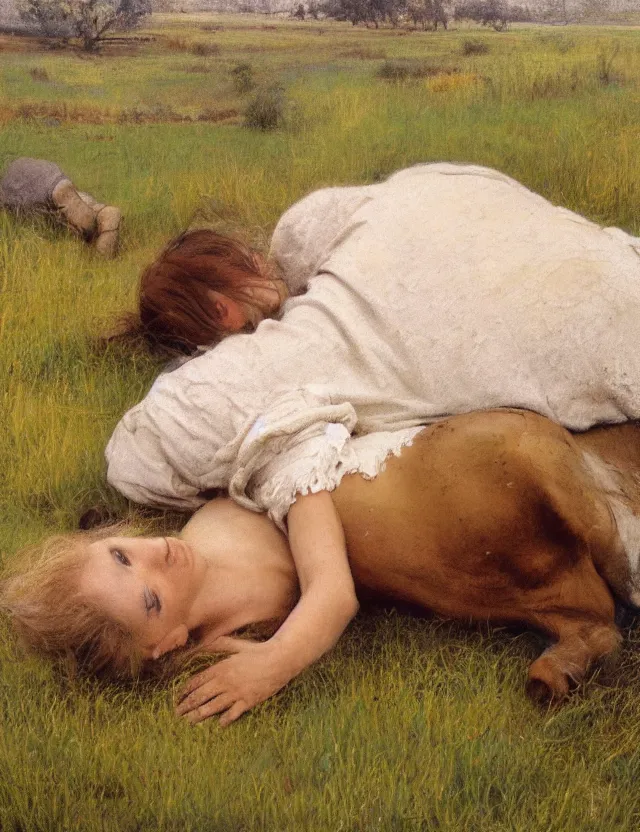 Prompt: peasant girl laying on a cow on a farm, cottage core, polaroid photo bleached vintage pastel colors high - key lighting, soft lights, foggy, by steve hanks, by lisa yuskavage, by serov valentin, by tarkovsky, 8 k render, detailed, oil on canvas