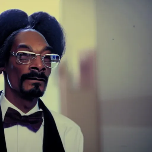 Image similar to a film still of Snoop Dogg as Don King, 40mm lens, shallow depth of field, split lighting