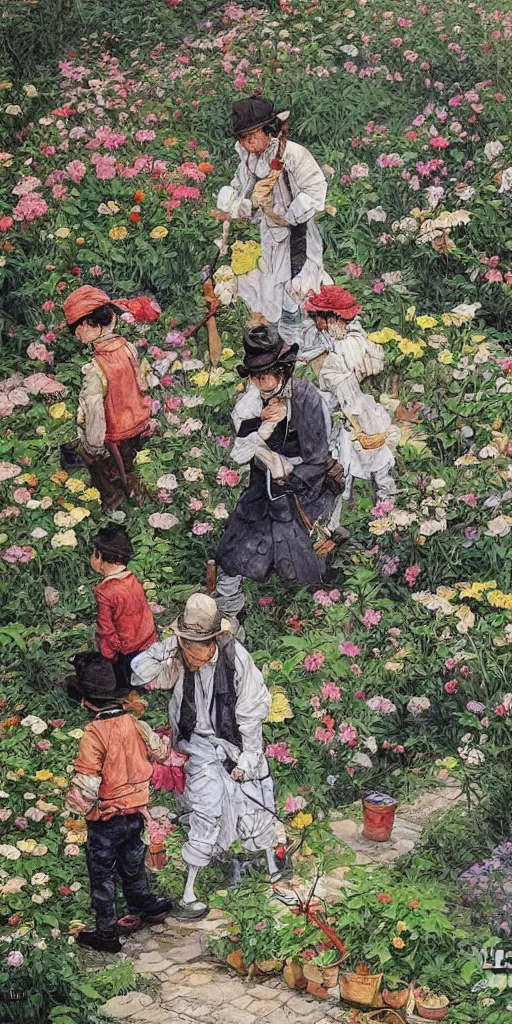 Image similar to oil painting scene from gardeners in the flower garden by kim jung gi