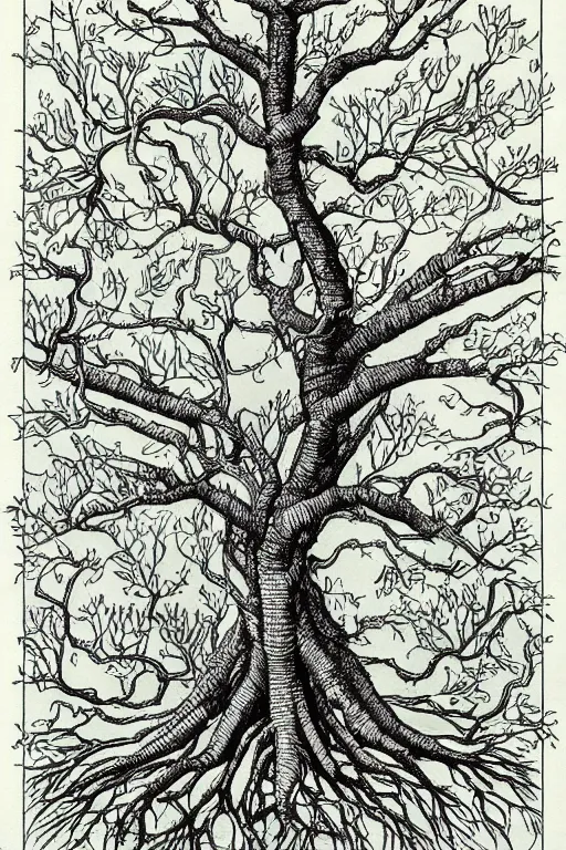 Prompt: a drawing of a tree with its roots in the water, an illustration of by edgar schofield baum, haeckel and alasdair gray, featured on deviantart, ecological art, photoillustration, fractalism, storybook illustration