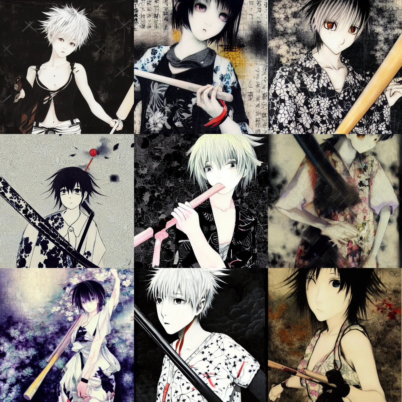 Prompt: Yoshitaka Amano blurred and dreamy illustration of an anime girl with short white hair and black eyes wearing a black and white Hawaiian shirt and holding a baseball bat, noisy film grain effect, abstract patterns in the background, highly detailed, Renaissance oil painting, weird portrait angle