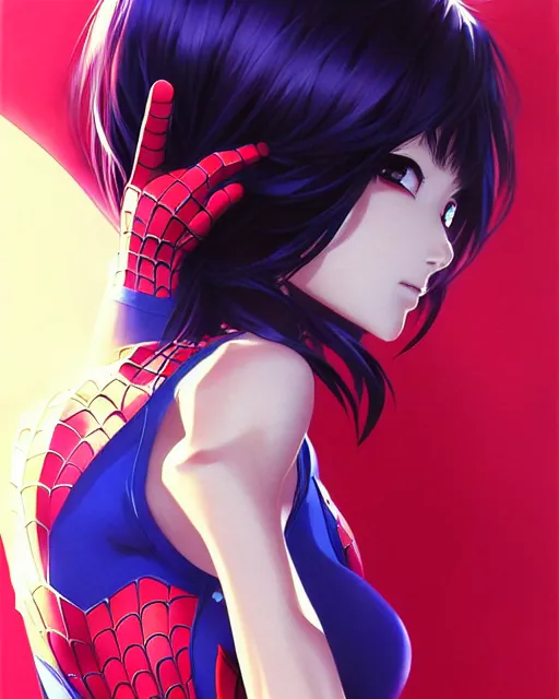 Image similar to portrait Anime Spiderman girl sharp fine-face, pretty face, realistic shaded Perfect face, fine details. Anime. realistic shaded lighting by Ilya Kuvshinov krenz cushart katsuhiro otomo ghost-in-the-shell, magali villeneuve, artgerm, rutkowski Jeremy Lipkin and Giuseppe Dangelico Pino and Michael Garmash and Rob Rey