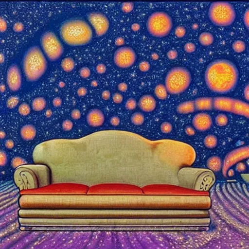 Image similar to psychedelic trippy couch pine forest planets milky way sofa cartoon by rob gonsalves