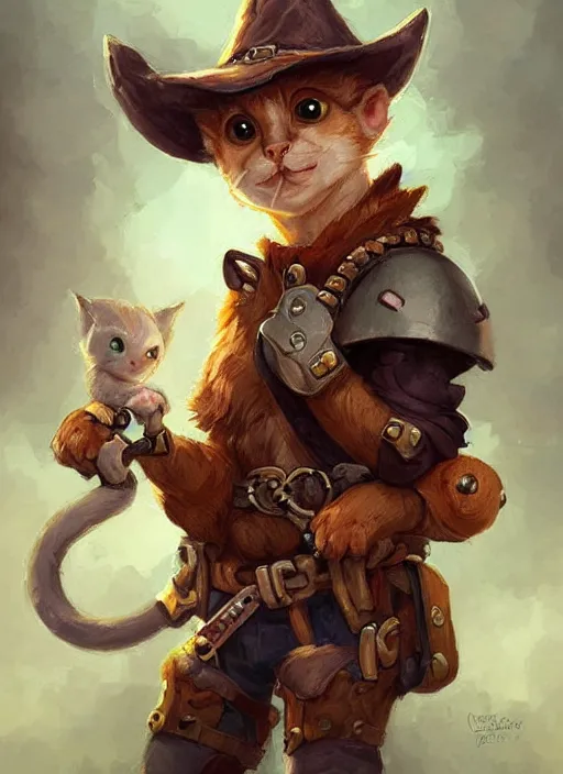 Image similar to cute little cat cowboy, tiny, small, miniature animal, baby animal, short, pale black armor, cute and adorable, pretty, beautiful, dnd character art portrait, matte fantasy painting, deviantart artstation, by jason felix by steve argyle by tyler jacobson by peter mohrbacher, cinematic lighting