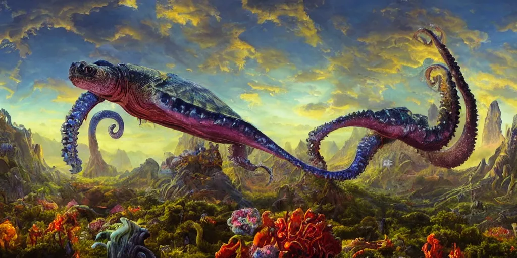 Image similar to fantasy oil painting, great leviathan, cybernetic turtle cephalopod terrapin reptilian pachyderm squid, bella hadid, hybrid, milla jovovich, anubis, epic natural light, lush plants flowers, spectacular mountains, bright clouds, luminous sky, outer worlds, golden hour, michael cheval, edward hopper, michael whelan, vray, hd