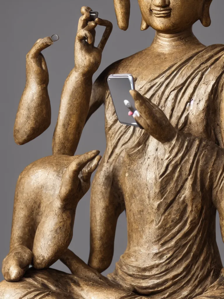 Image similar to beautiful sculpture of meditating buddha holding a smartphone, in a gallery setting. professional studio photo, full object in middle, soft lighting, centered, 1 5 0 mm lens, high definition