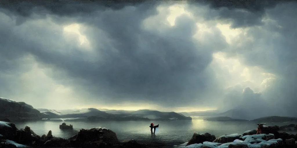 Prompt: a princess, slain giant monster, snowy tundra, storm clouds, dramatic lighting, hudson river school