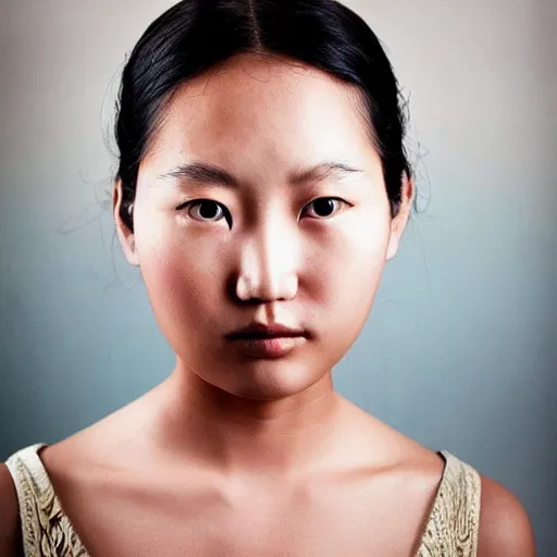 Prompt: a very beautiful face photo of a young asian woman in the style of martin schoeller, award winning photography