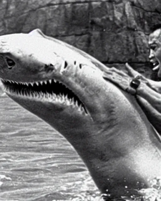 Image similar to film still close up shot of dwayne johnson wrestling a shark in the movie jaws. photographic, photography