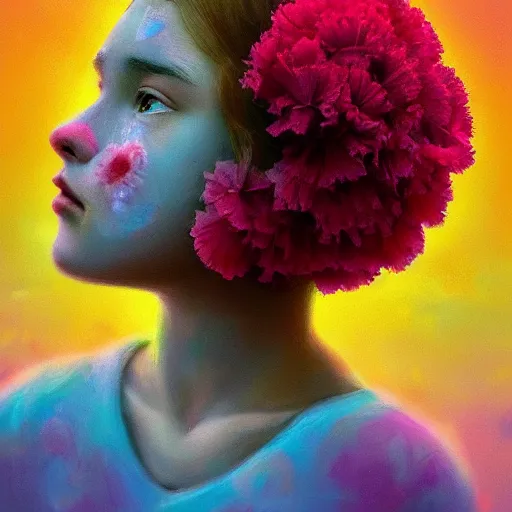 Prompt: head of carnations flower, girl in a flower field, surreal photography, sunrise dramatic light, impressionist painting, colorful clouds, digital painting, artstation, simon stalenhag, flower face