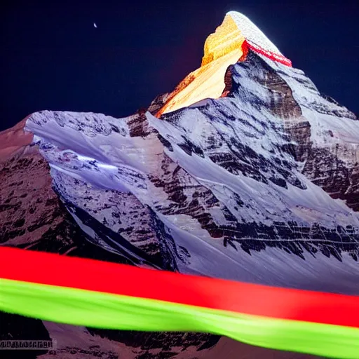 Image similar to a photo at nighttime of llumination of the matterhorn in the colors of indian flag, projected illuminated on the matterhorn mountain at night