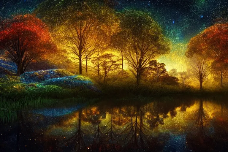 Image similar to vivid surreal landscape : : magic forest nature : : weta disney pixar movie still photo : : decadent highly - detailed digital painting, full length shot, golden ratio, golden hour, galaxies, stars, light trails, lagoon, reflection, night sky, octane render, artstation, smooth, sharp focus, artgerm, mucha, loish, wlop, gogo