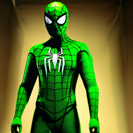 Image similar to green spider - man suit with black web lining, cinematic, volumetric lighting, realistic, hyperdetailed, photorealistic, photograph