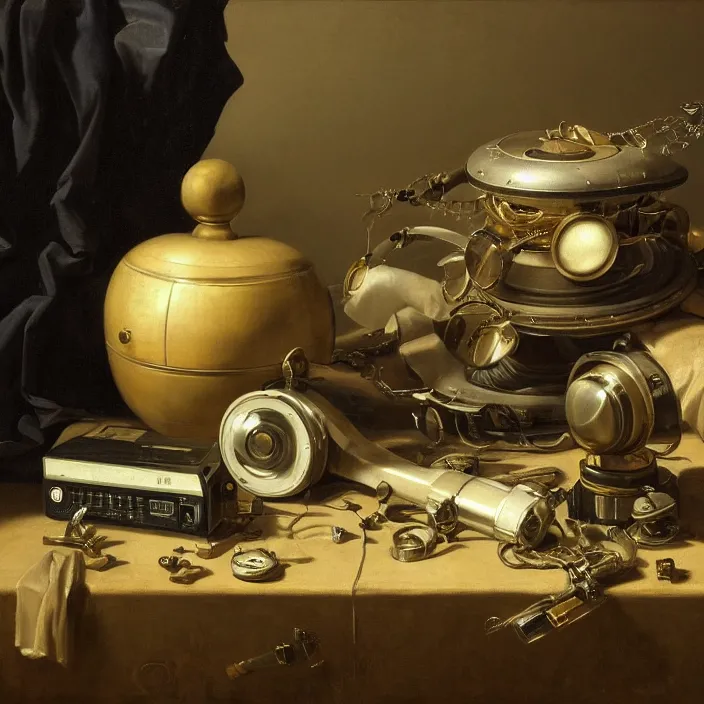 Prompt: still life painting of cyberpunk technology by pieter claesz, oil on canvas, strong lighting, highly detailed, hyper realism, golden hour, god rays, hd, 4 k