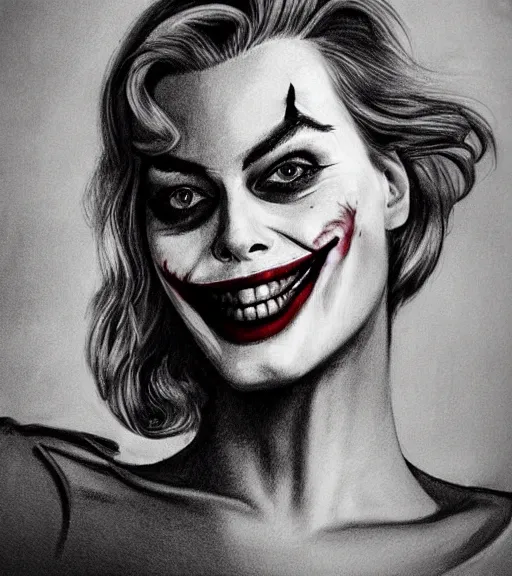 Image similar to margot robbie smiling portrait with joker makeup, black and white realism drawing, realistic face, beautiful eyes, highly detailed