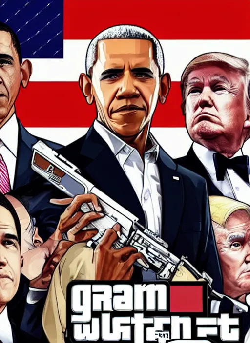 Image similar to GTA Cover Art, Obama, Biden, Trump