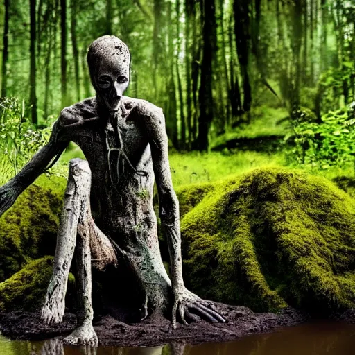 Image similar to Enigmatic Slender Man with Mud and Moss over his skin and plants growing on him is kneeling in a dirty pond, Photorealistic, Sunlight, Creepy, Photograph, National Geographic, Hyperdetailed