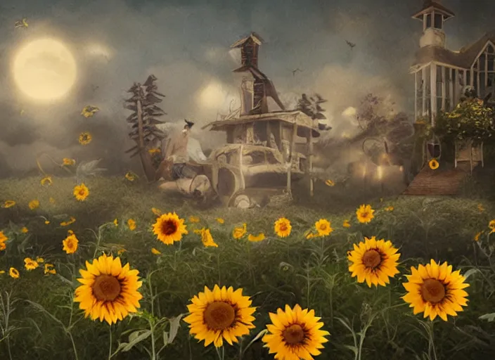 Image similar to 🪐🌻, lowbrow inthe style of camille rose garcia, matte painting, 8 k,