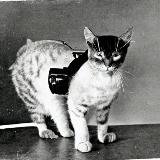 Prompt: old photograph of cat wearing diving gear swimming in a vat of acid
