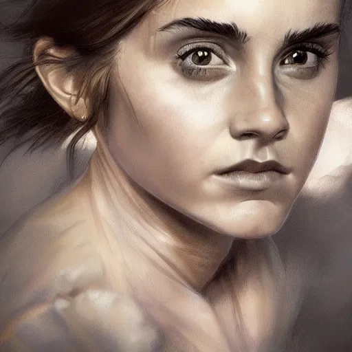 Image similar to Very funny Emma Watson looking like an old monkey, colorful painting on grey scale face, powerful , magic, thunders, dramatic lighting, intricate, wild, highly detailed, digital painting, artstation, concept art, smooth, sharp focus, illustration, art by artgerm and greg rutkowski and alphonse mucha, footage