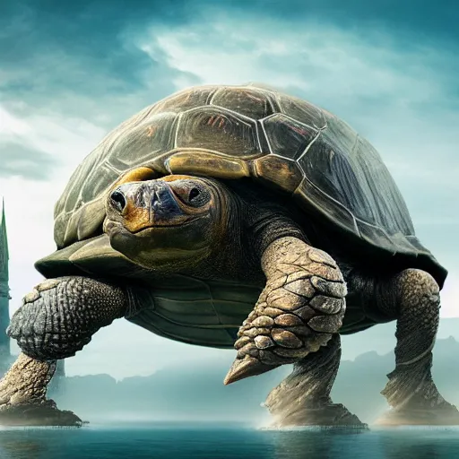 Image similar to giant tortoise walking with a large fantasy castle rising growing from the top of it, distant shot birds eye view, fantasy, hyper detailed, 4 k, howls moving castle, mortal engines,