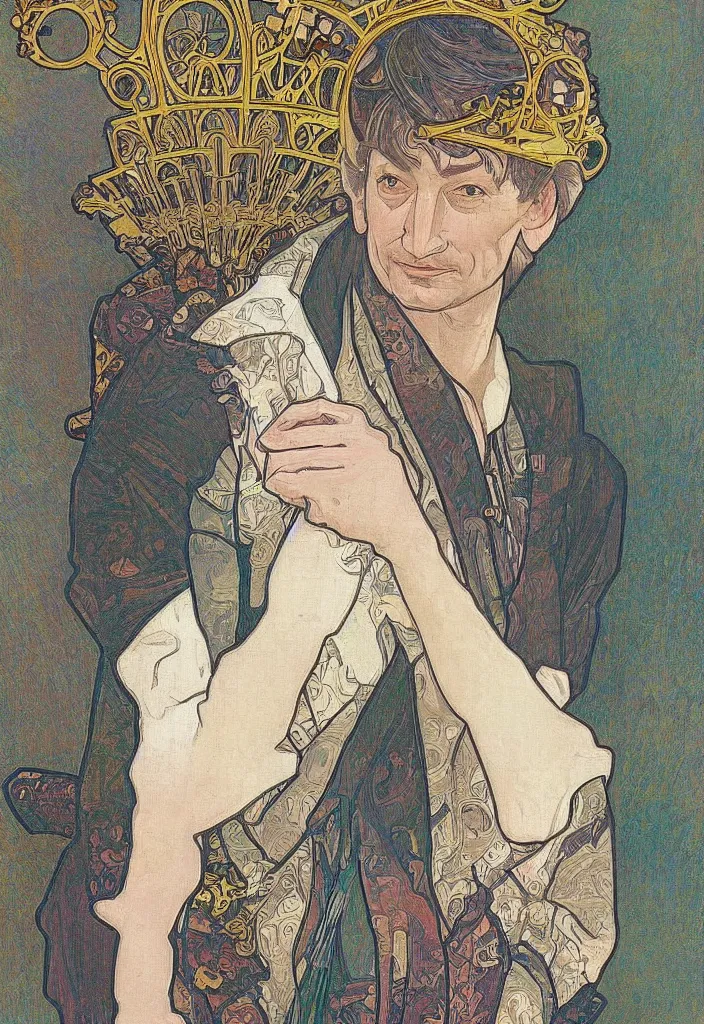 Prompt: realistic white - haired geoffrey hinton in a crown with neural networks on a tarot card, tarot in art style by alphonse mucha