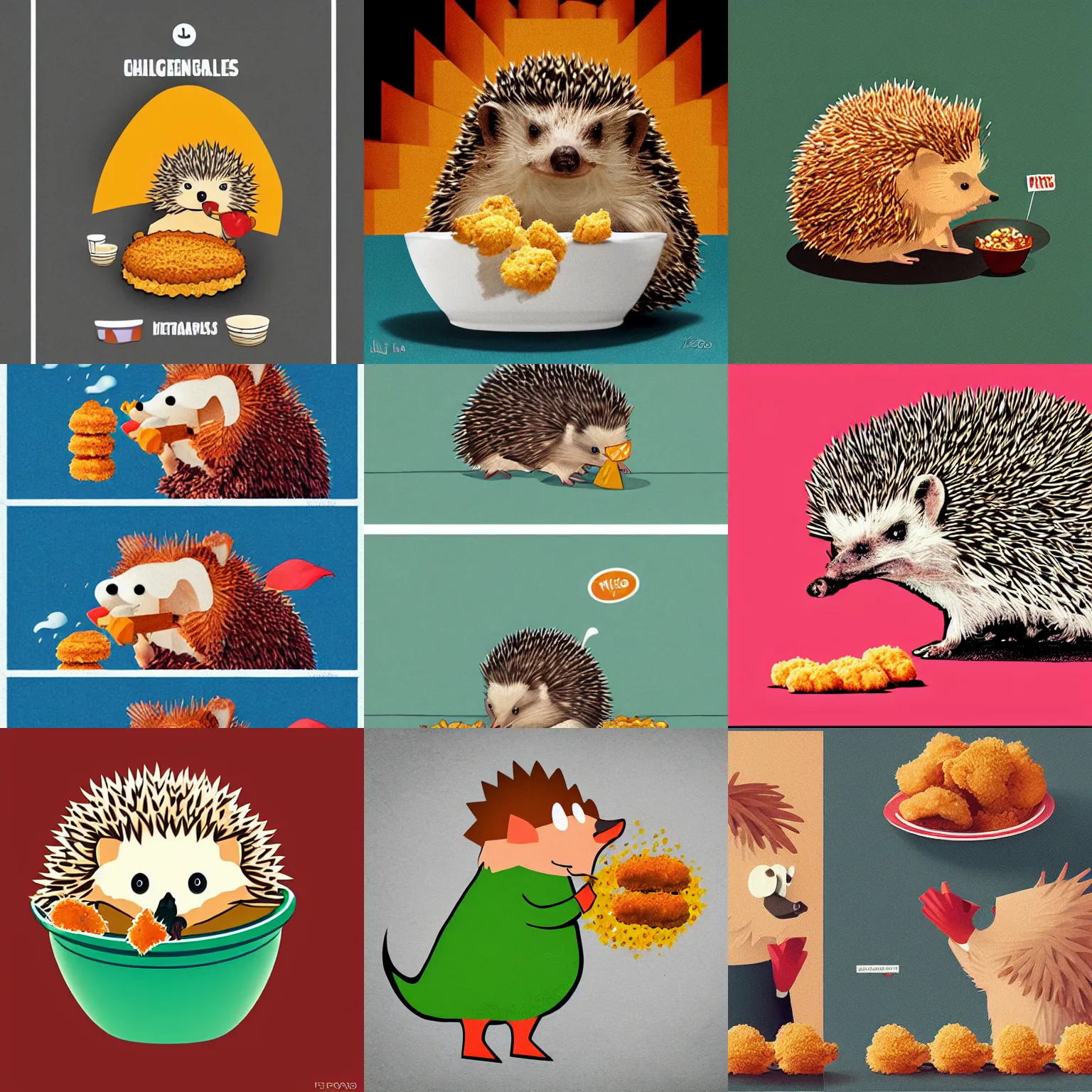 Prompt: a hedgehog eating chicken nuggets, detailed, realistic, in the style of petros afshar