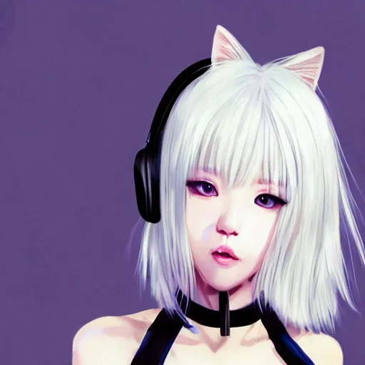 Image similar to realistic detailed semirealism beautiful gorgeous natural cute excited happy Blackpink Lalisa Manoban white hair white cat ears blue eyes, wearing black camisole outfit, headphones, black leather choker artwork drawn full HD 4K high resolution quality artstyle professional artists WLOP, Aztodio, Taejune Kim, Guweiz, Pixiv, Instagram, Artstation