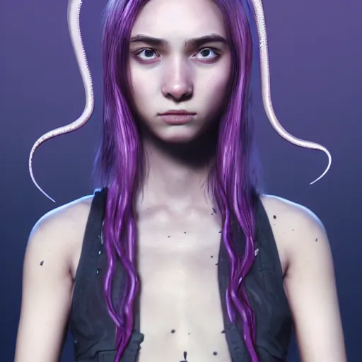 Image similar to artstation young teen with purple eyes and tiny and very thin tentacles on her head, in despair, very detailed, portrait, high contrast, unreal engine 5
