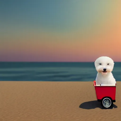 Prompt: a photorealistic photograph of a smiling white Bichon Frisé puppy riding alone in little red wagon, overflowing french fries during sunset at the beach Trending on Artstation, featured on Behance, well-rendered, Unreal Engine, 4K HD