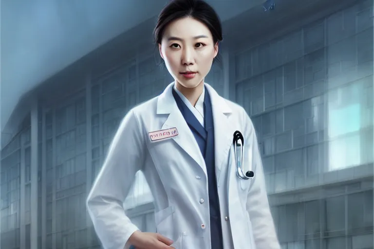 Image similar to an elegant and beautiful chinese female doctor in a white coat in front of a hospital building, cinematic, highly detailed, digital painting, artstation, concept art, matte, sharp focus, illustration, art by artgerm and greg rutkowski