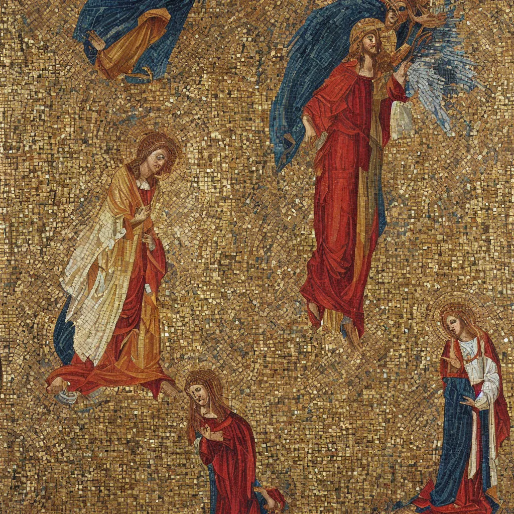 Image similar to Virgin Mary dancing for angel gabriel in a trance, orthodox mosaic