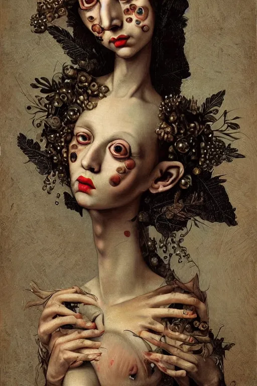 Image similar to Detailed maximalist portrait with large lips and with large wide eyes, surprised expression, extra flesh and eyes, HD mixed media, 3D collage, highly detailed and intricate, surreal illustration in the style of Caravaggio, dark art, baroque