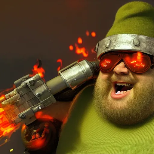 Image similar to highly detailed octane render of a short ugly fat man with a giant beard, holding a grenade launcher and wearing armour, goggles and a safety hat whilst laughing at a green mushroom cloud surrounded by dead insects in a cave