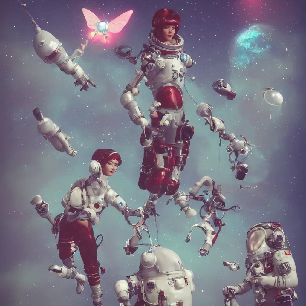 Image similar to retro space girl fairy cosmonaut, unreal engine, artstation