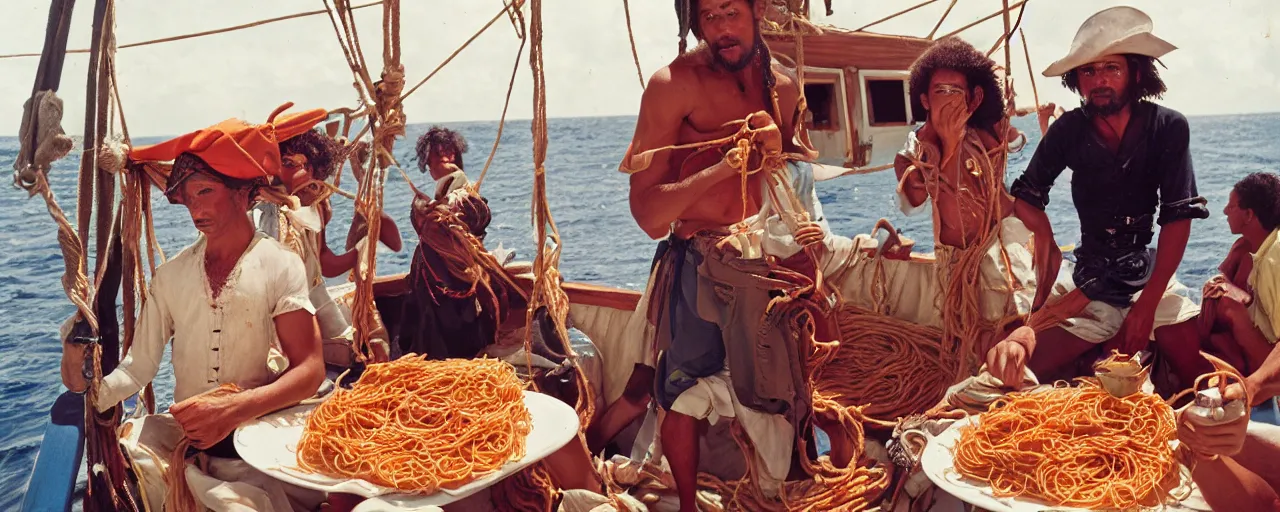 Image similar to pirates holding up spaghetti treasure, aboard a sailboat, caribbean, 1 7 0 0 s, canon 2 0 mm, photograph, kodachrome