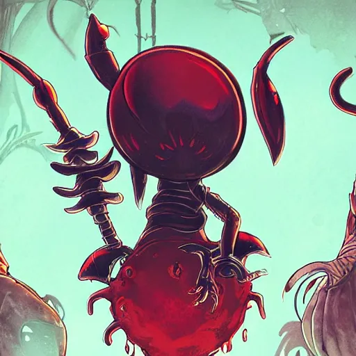 Image similar to hollow knight. Corrupted. High detail. Cover art. No text. Red