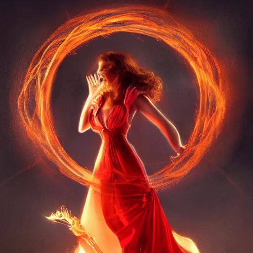 Image similar to A woman floats in midair, encircled by a ring of fire. She wears a crimson gown and her hair is wild and flowing. In her hands she holds a staff adorned with a large crystal ball, trending on artstation, by Lulu Chen and Mandy Jurgens