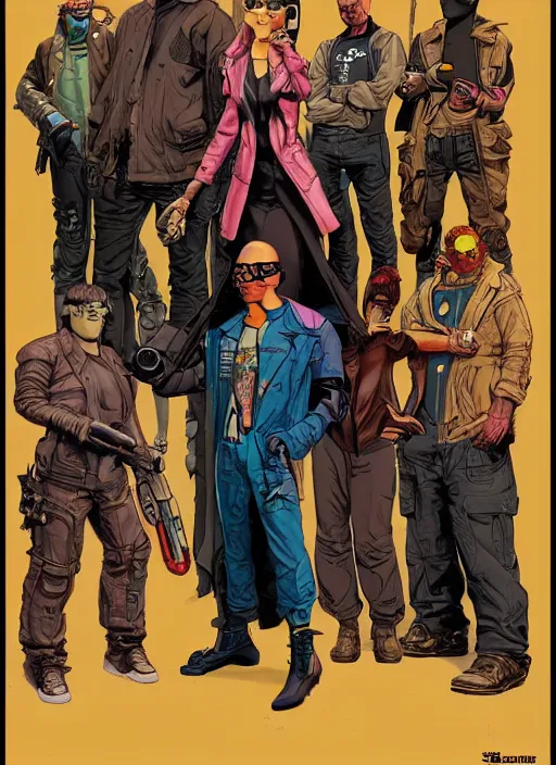 Image similar to cyberpunk heist crew. portrait by stonehouse and mœbius and will eisner and gil elvgren and pixar. character design. realistic proportions. dystopian. cyberpunk 2 0 7 7, apex, blade runner 2 0 4 9 concept art. cel shading. attractive face. thick lines.