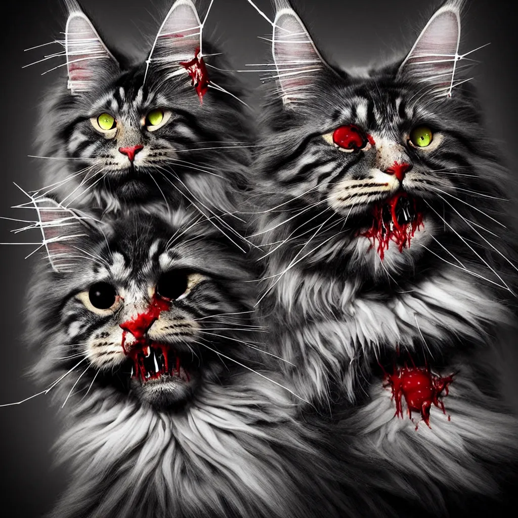 Image similar to “beautiful award-winning photo of a wise maine coon with cybernetic spider eyes and blood dripping off of its fangs. masterpiece, trending on artstation, cinematic composition, dramatic pose, volumetric lighting, sharp, details, hyper-detailed, HD, 4K, 8K ”