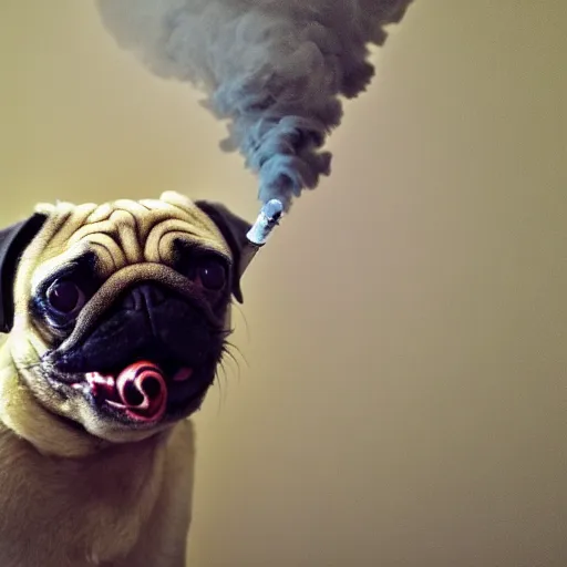 Image similar to pug with a rolled up spliff in its mouth with smoke, photo realistic, dslr camera